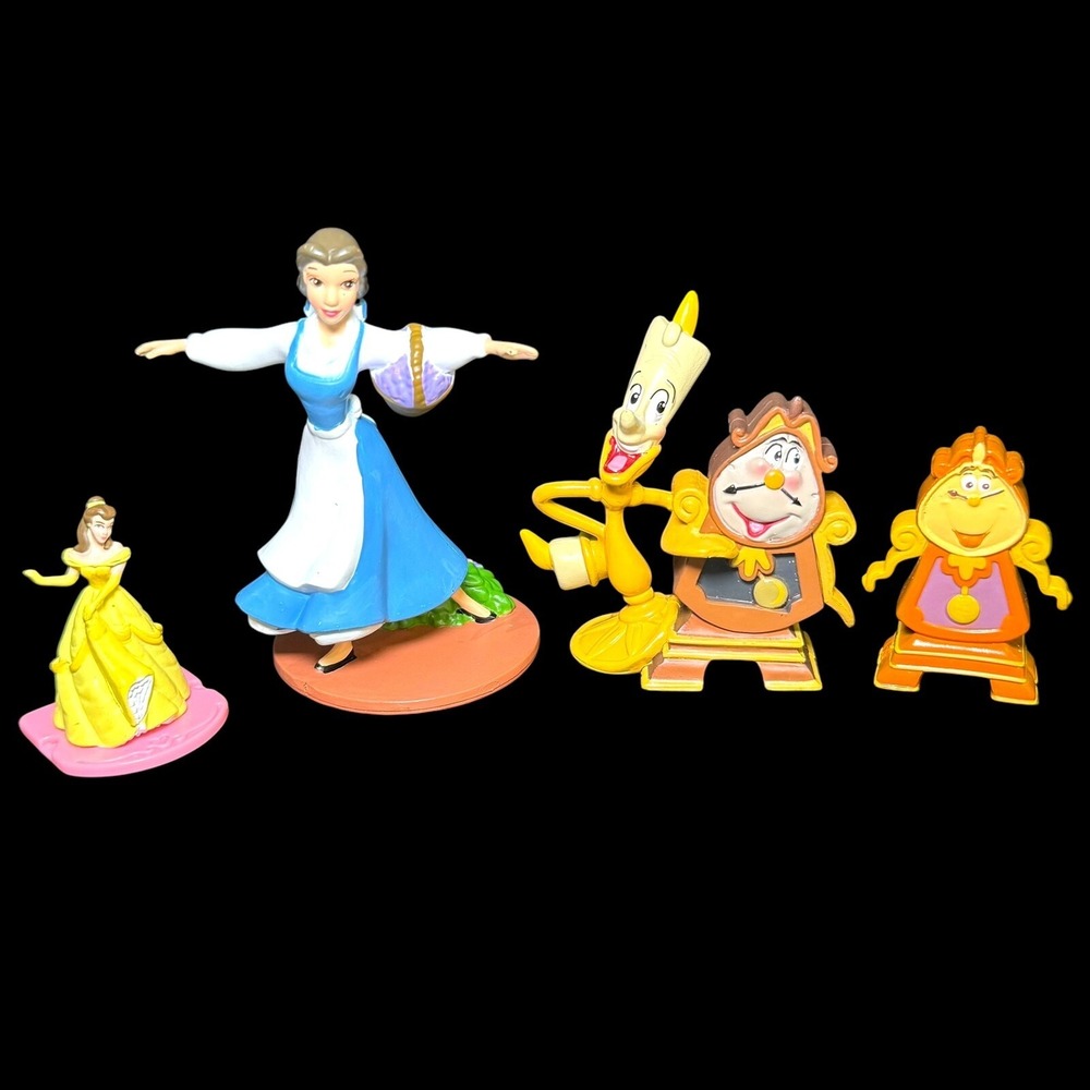 Disney Beauty And The Beast Figures Belle Cogsworth Lumiere Cake Topper Lot Of 4